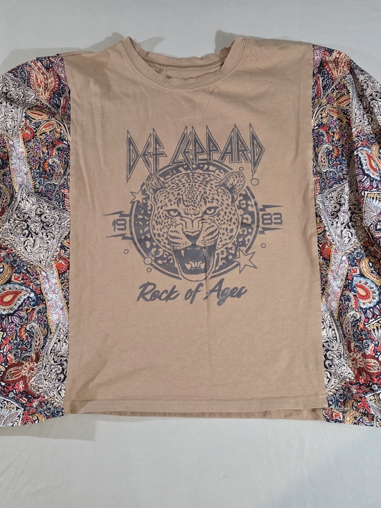 Tops - Women's 'Rock of Ages' Graphic Shirt with Bell Paisley Sleeves.